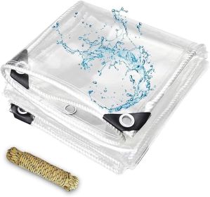 3.3 x 8.2 Feet Clear Waterproof Tarp, Transparent Heavy Duty PVC Vinyl Tarpaulin Cover with Grommets, Anti-Tear Waterproof for Patio Outdoor Camp
